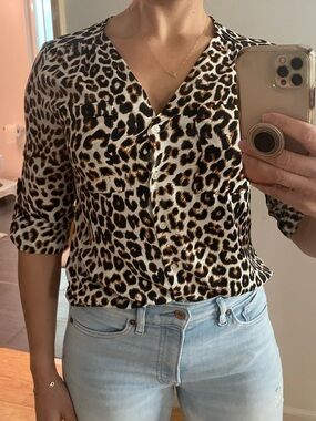 Express Leopard Print V-Neck Button Front Top - Beige/Black/Brown